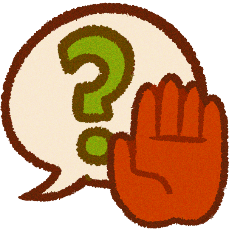 a speech bubble with a green question mark , there is a red hand over the speech bubble.